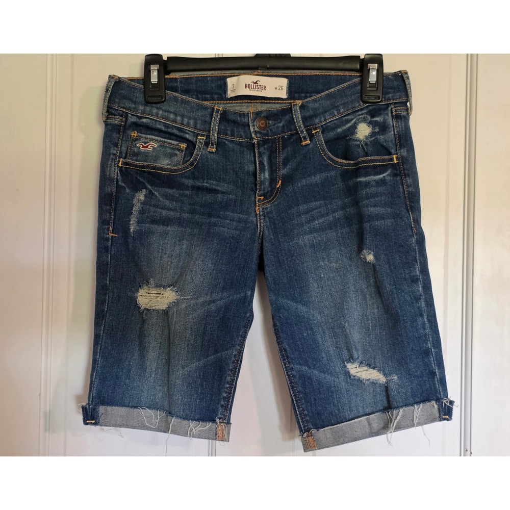 Hollister Distressed Denim Bermuda Shorts Low Rise Y2K Redbird Size 3 W26 VTG